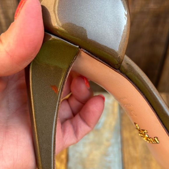 Prada Vero Cuoio Patent Brown Bronze Open Toe High Heels - Picture 15 of 16